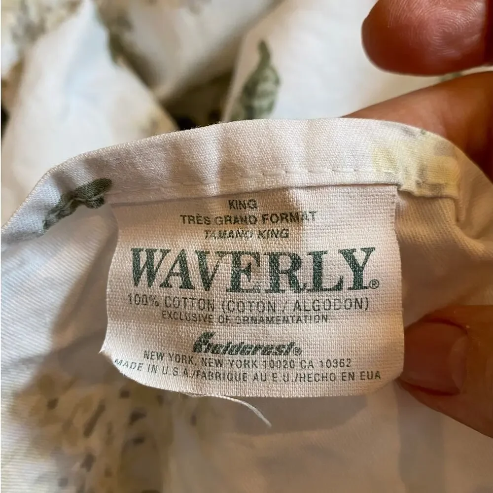 Vintage Waverly Flat Sheet Sage Hydrangea King Ruffles Eyelet 100% Cotton USA
